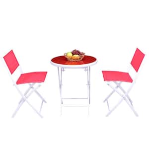 Red 3-Piece Metal Round Folding Garden Patio Outdoor Dining Set