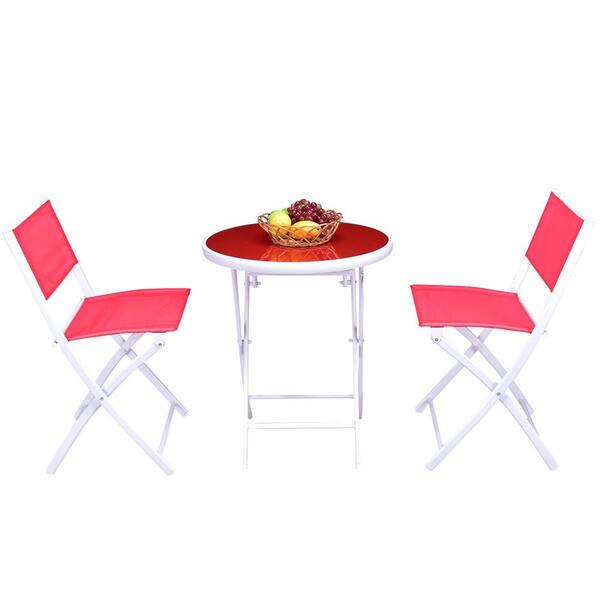 Unbranded Red 3-Piece Metal Round Folding Garden Patio Outdoor Dining Set
