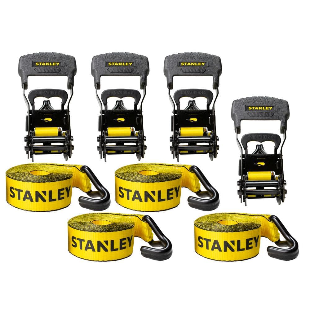 STANLEY S1007 Black/Yellow 1.5 x 16' Ratchet Tie Down Straps - Heavy Cargo  Securing (3,300 lbs Break Strength), 2 Pack