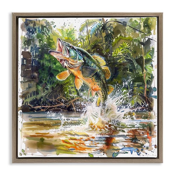 Stupell Industries Jumping Bass Fish by LSR Design Studio Brown Floater Frame Animal Graphic Art Print 25 in. x 25 in.