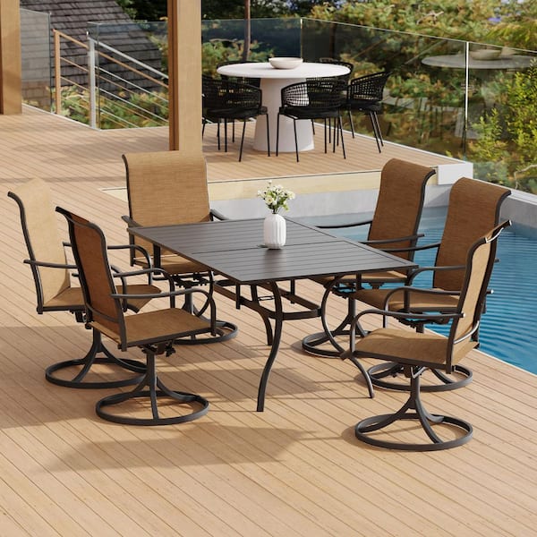 Anmutig 7-Piece Metal Outdoor Patio Dining Set Rectangular Dining Table with Six Sling Swivel Chairs-Yellow
