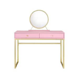 42 in. W x 20 in. D x 31 in. H Pink Wooden Makeup Vanity with Mirror, Jewelry Trays, and Golden Frame