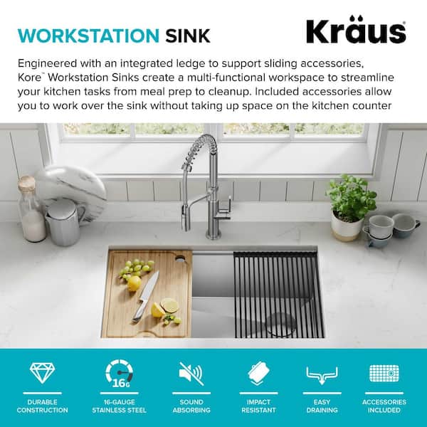 KRAUS Kore 28 Inch Undermount Workstation 16 Gauge Stainless Steel Single Bowl Stainless Steel Kitchen Sink with Accessories, KWU110-28 - 3