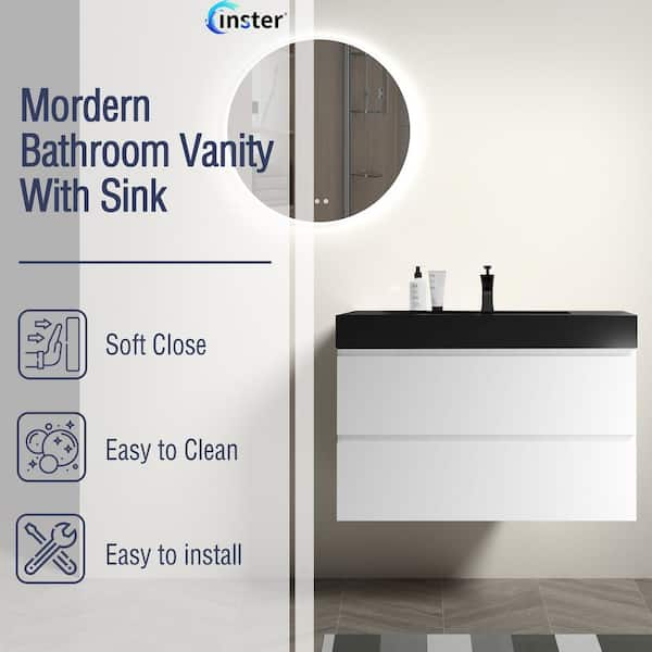 NOBLE 36 in. W x 18 in. D x 25 in. H Single Sink Floating Bath Vanity in White with Black Solid Surface Integral Top