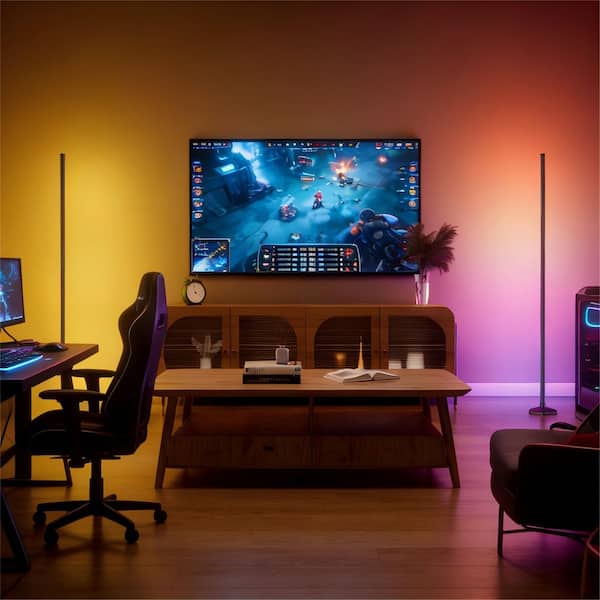 57 in. Black Modern 1-Light Smart Dimmable Column Floor Lamp for Living Room with Remote and App Control