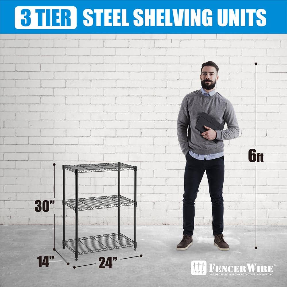 Black 3-Tier Adjustable Height Steel Wire Shelving Unit