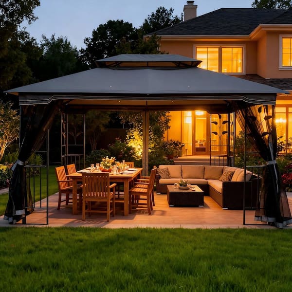 13 ft. x 10 ft. Outdoor Gazebo with Double Roof, Mosquito Net and Sturdy Galvanized Steel Frame for Garden and Backyard