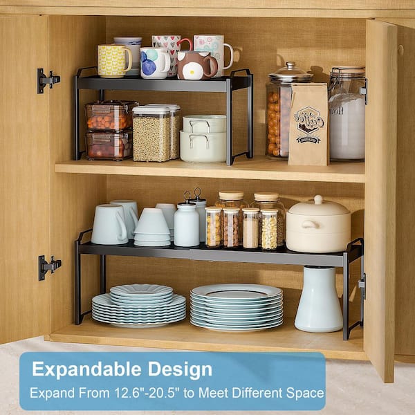 2 Pack Black 20.5 in. Adjustable Expandable Cabinet Countertop Shelves, 22 lb. Stackable Shelves Organizers for Kitchen