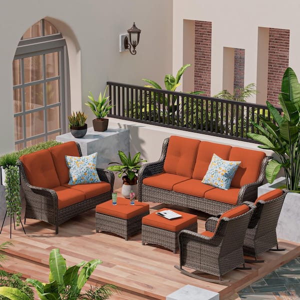 MeetLeisure Brown 6-Piece Wicker Outdoor Patio Conversation Set with Orange Cushions and Rocking Chairs
