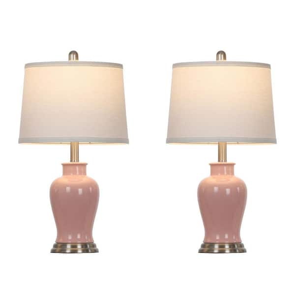 Bedside 23 in. Pink Ceramic Table Lamps Set with Drum Shade and Rotary Switch (Set of 2)