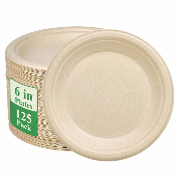 Six Inch Heavy Duty Compostable Paper Plates 125 Pack Bagasse Sugarcane Biodegradable Dessert Plates
