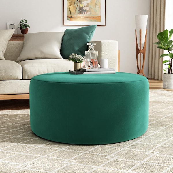 CHRISTOPHER KNIGHT HOME Green Soft Velvet Modern Round Accent 30 in. Ottoman, No Assembly Required