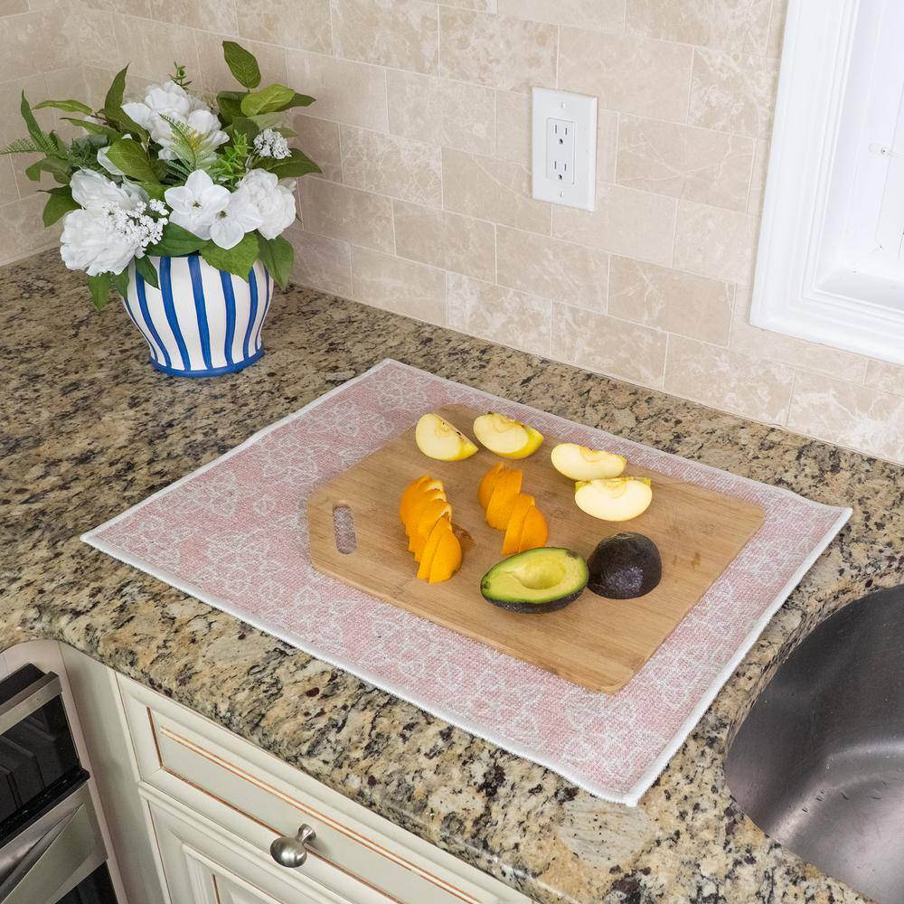 Flower Pink Cotton Polyester Foldable Dish Drying Mat