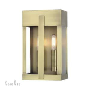 Berksford 12 in. 2-Light Antique Brass Outdoor Hardwired Wall Lantern Sconce with No Bulbs Included