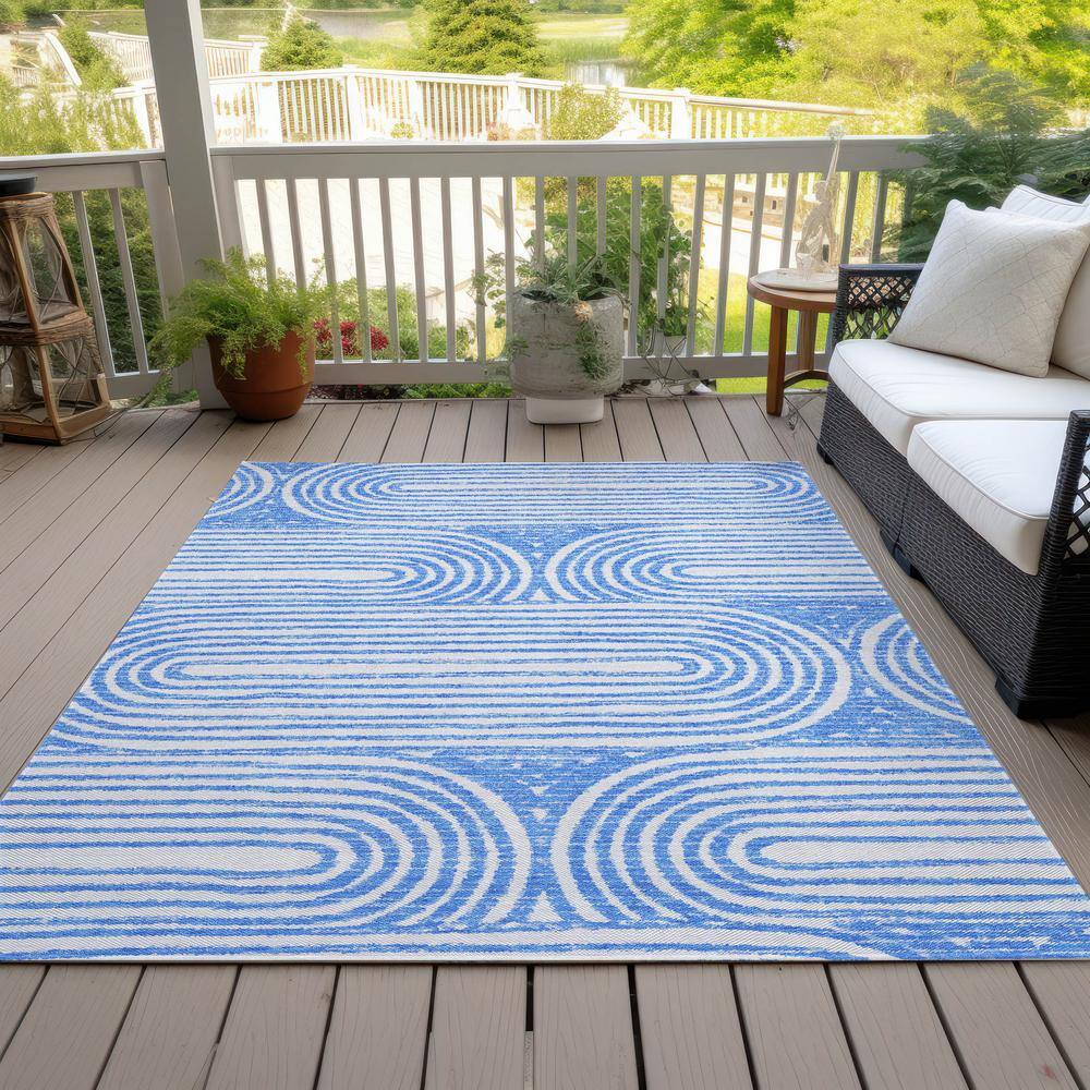 Blue and White Rectangular Machine-Washable Area Rug
