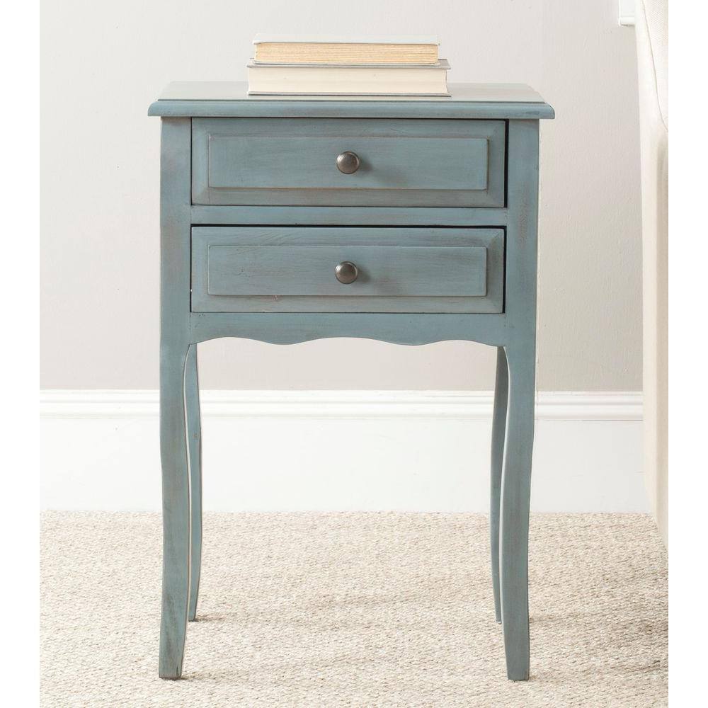 Charming Transitional Blue Wood End Table with Dual Storage Drawers