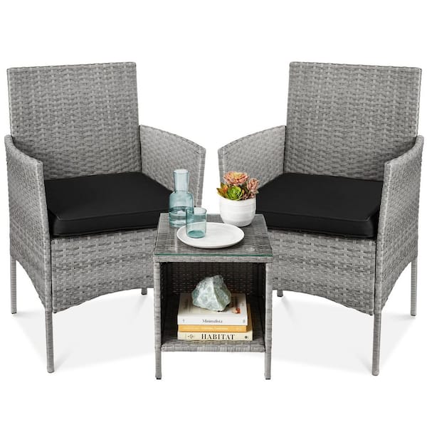 Unbranded Gray 3-Piece Wicker Outdoor Bistro Set with Black Cushion
