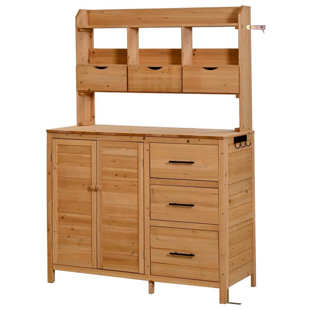 Outdoor Natural Potting Bench,Wooden Potting Table with 6 Drawers,Bottom Cabinet and Side Hook price history on PriceWatchPro