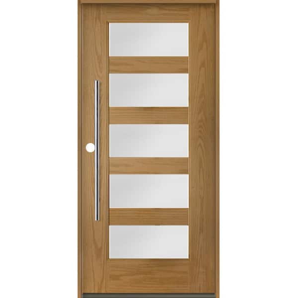Krosswood Doors Modern Faux Pivot 36 in. x 80 in. 5 Lite Right-Hand/Inswing Satin Glass Bourbon Stain Fiberglass Prehung Front Door