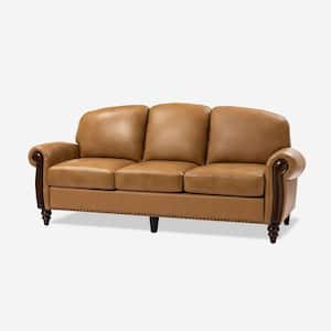 Edmund 84 in. Rolled Arm Genuine Leather Rectangle Carved Solid Wood Legs Sofa in. Camel
