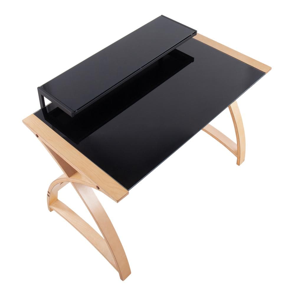 Bentley 43'' Natural Wood and Black Glass Mid-Century Modern Desk with Hutch