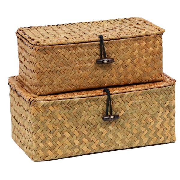 Afoxsos Brown 5.11 in. x 3.34 in. SeaGrass Decorative Basket Set of 2 for Storage Baskets Bins for Organizing Home