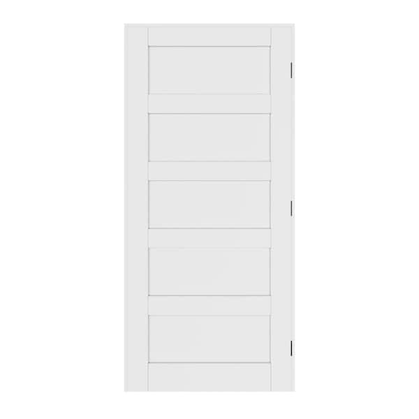 36 in. x 80 in. Paneled 5-Lite Left Handed Primed White Solid Core MDF Wood Door Kit with Quick Assemble Jamb