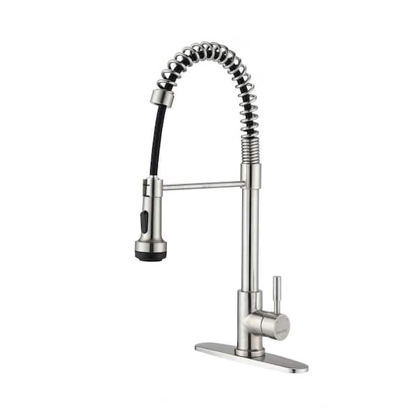 Aurora Decor Melo Single-Handle Single Lever Pull Down Sprayer Spring Kitchen Sink Faucet in Brushed Nickel
