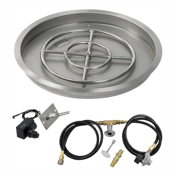 American Fire Glass 25 in. Round Stainless Steel Drop-In Fire Pit Pan with Spark Ignition Kit - Propane (18 in. Ring Burner Included)