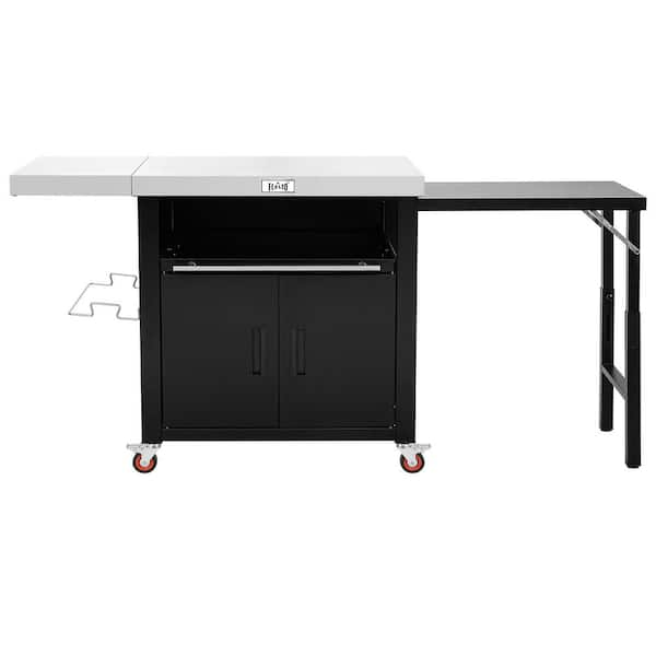 74 in. x 26 in. Outdoor Kitchen Island and Grill Cart with 2-Foldable Side Tables and Storage Cabinet