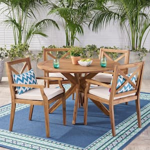 Llano Teak Brown 5-Piece Wood Outdoor Patio Dining Set with Cream Cushions
