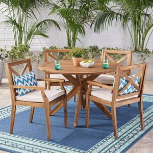 Llano Teak Brown 5-Piece Wood Outdoor Dining Set with Cream Cushions