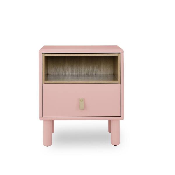 Tileon Wooden Single Drawer Bedside Table, Compact Side Table, Nordic Style Storage Cabinet-Pink