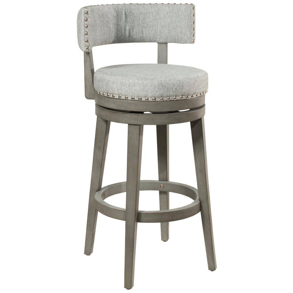 Antique Gray Wood Swivel Bar Stool with Faux Leather Upholstery