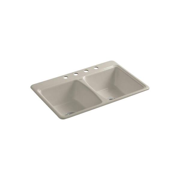 KOHLER Deerfield Self-Rimming Drop-in Cast Iron 20.75 in. 4-Hole Double Kitchen Sink in Sandbar-DISCONTINUED