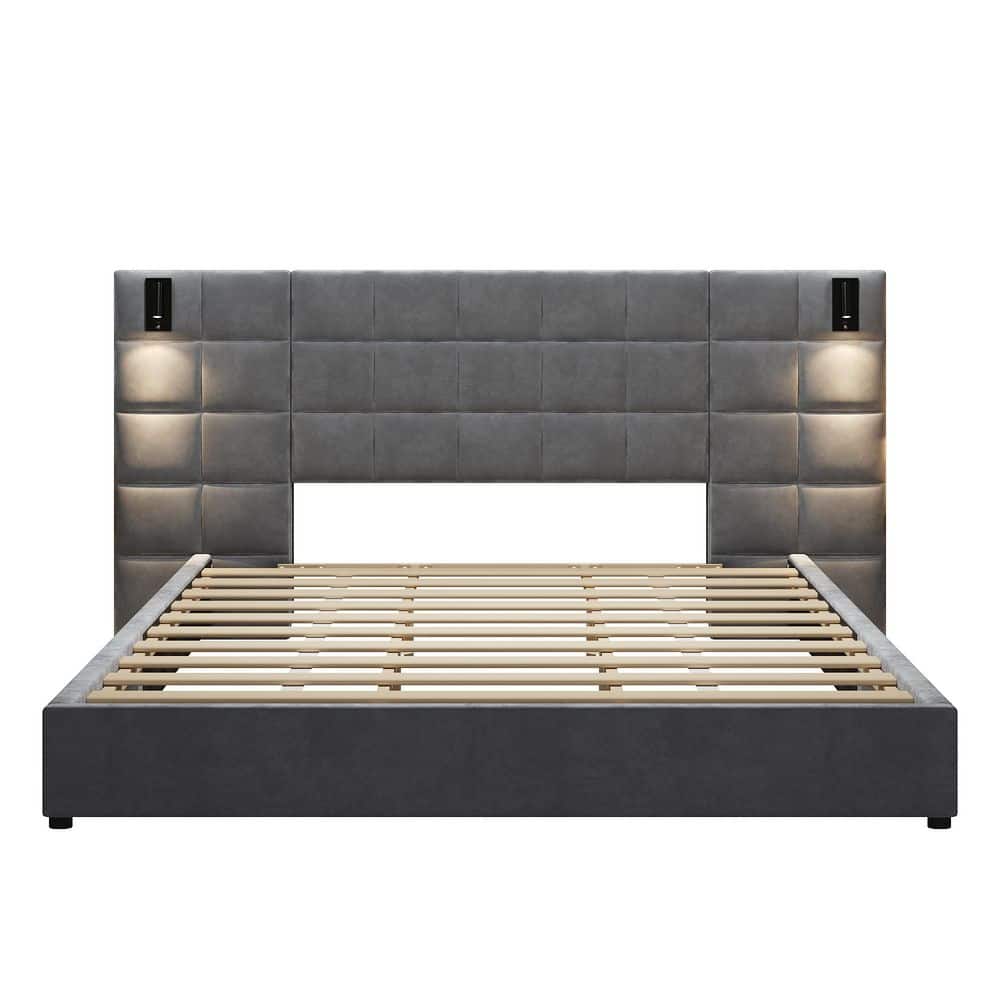 Gray Wood Frame King Velvet Upholstered Platform Bed with Large Luxuriously Padded Headboard, Reading Lamp, USB Port - thumbnail 9