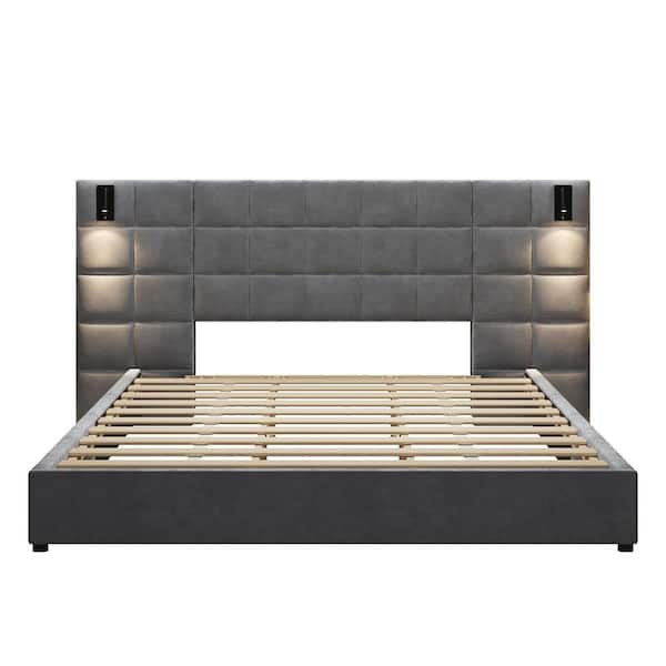 Gray Wood Frame King Velvet Upholstered Platform Bed with Large Luxuriously Padded Headboard, Reading Lamp, USB Port