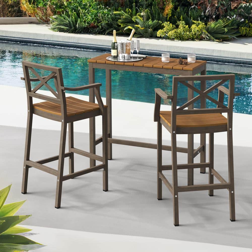LUE BONA 3Piece 38 in. Brown Outdoor Dining Table Set Aluminum Outdoor