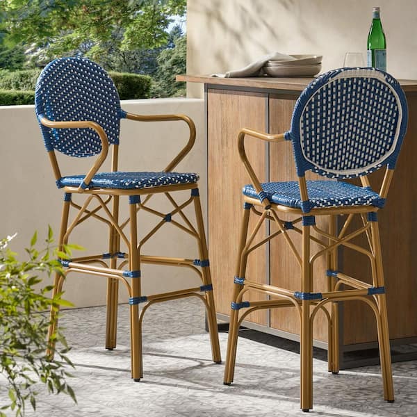 29.5 in. Navy Blue and White French Style Wicker and Aluminum Frame Outdoor Bar Stool (2-Pack)