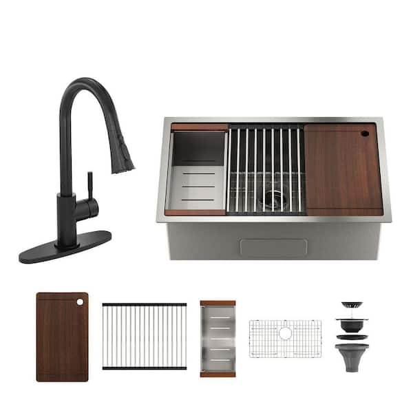 32 in. Undermount Single Bowl 18-Gauge Brushed Stainless Steel Kitchen Sink with Matte Black Faucet and Accessories Kits