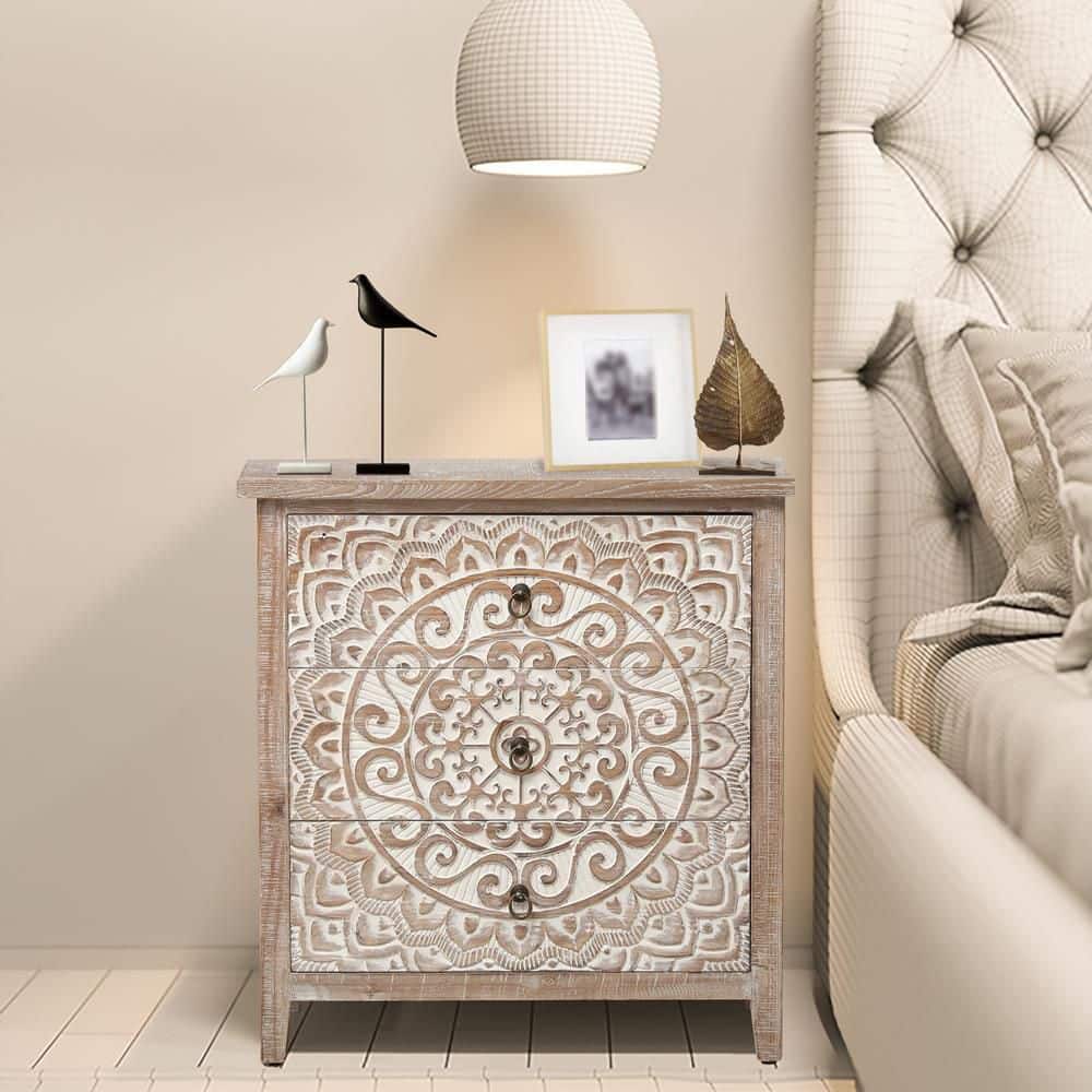 Rustic Whitewashed Fir Wood Floral Three-Drawer Chest
