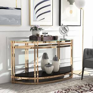Upperco 56.63 in. Gold Plating and Black Glass Top Console Table