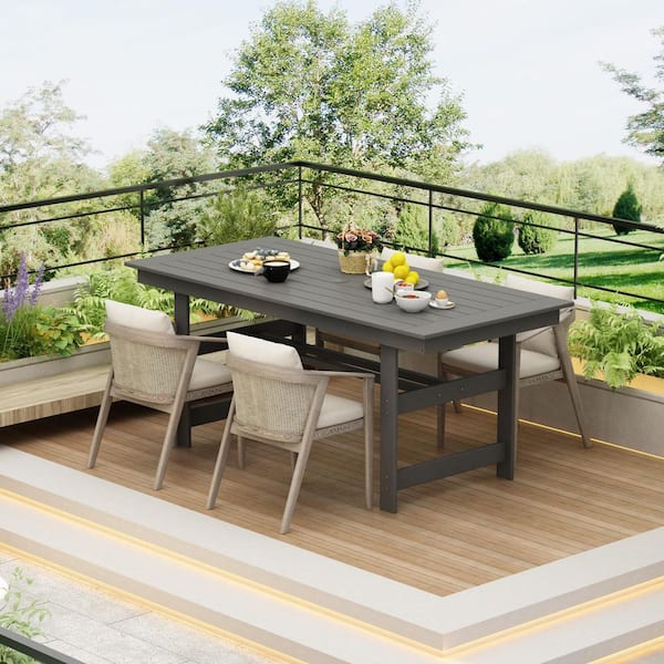 71 in. Outdoor Patio Dining Table Umbrella Hole, HDPE Rectangle Table Standard Height in Gray for Lawn Garden Backyard