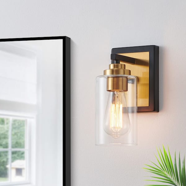 1-Light Painted Black and Plated Brushed Gold Wall Sconce with Clear Glass Shade