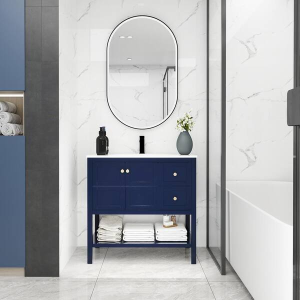 Unbranded 36 in. W x 18 in. D x 35 in. H Freestanding Single Sink Bath Vanity in Navy Blue with White Resin Top