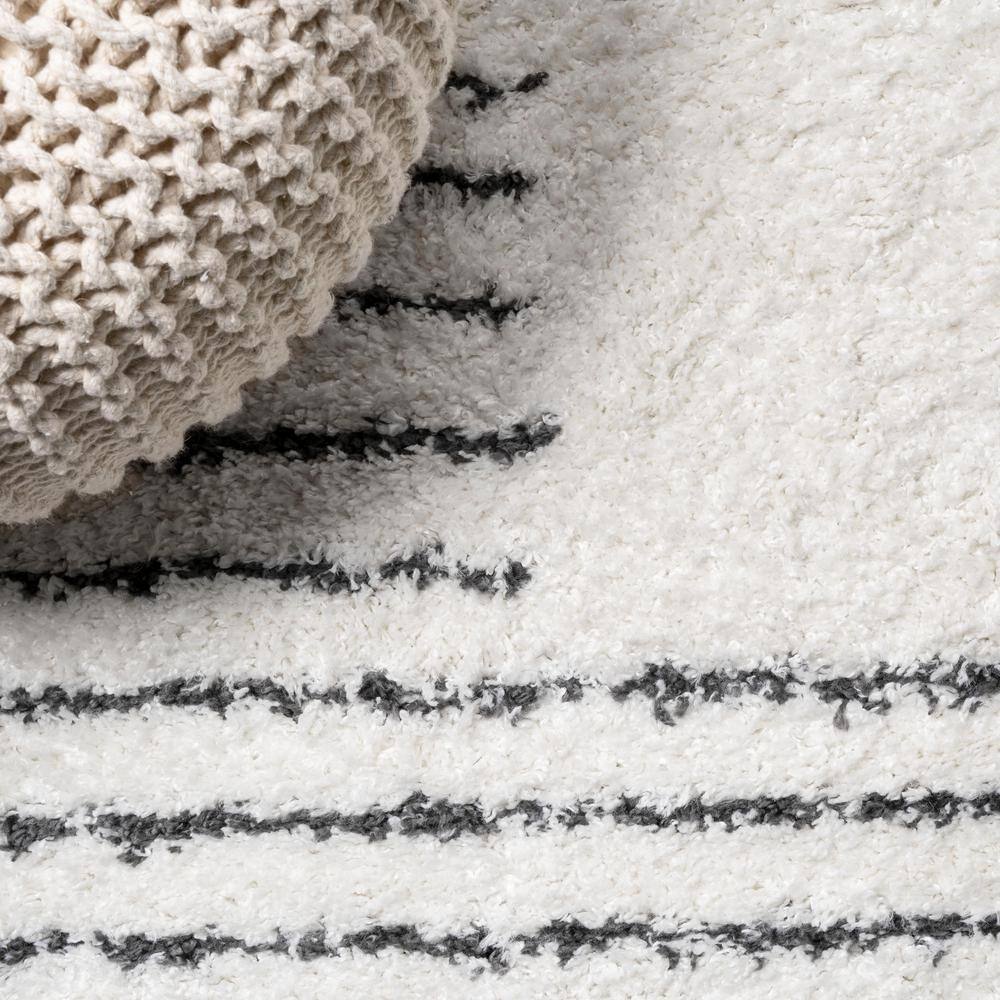 8' x 10' White and Black Stripe Shag Area Rug