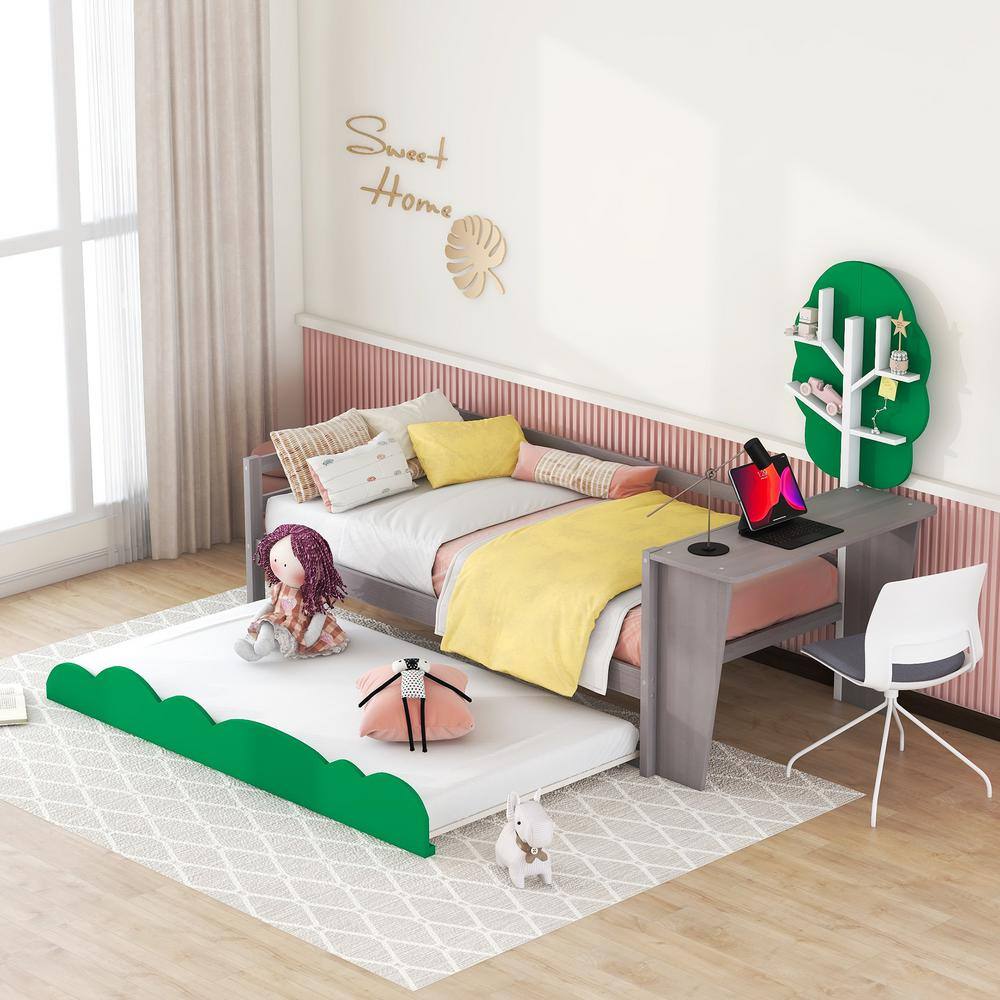 Harper And Bright Designs Gray Twin Size Daybed With Desk Green Leaf Shape Shelves And Trundle 