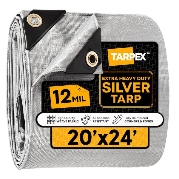 12 Mil Extra Heavy-Duty Poly Tarp 20 ft. x 24 ft. Plastic UV Resistant Multi-Purpose Silver Cover