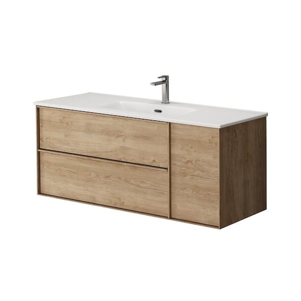 WS Bath Collections Palma 47.6 in. W x 18.1 in. D x 19.5 in. H Single Sink Wall Mounted Bath Vanity in Natural Oak with White Ceramic Top