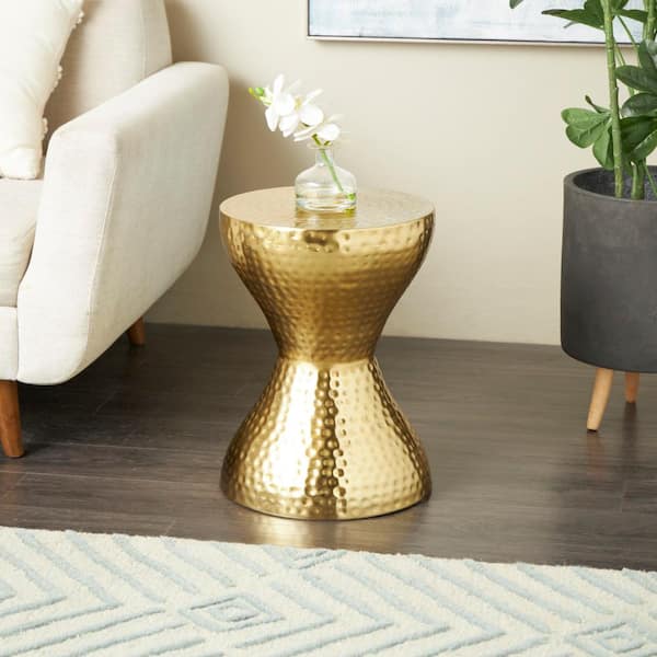 14 in. Gold Hammered Medium Round Iron End Table with Hourglass Shape
